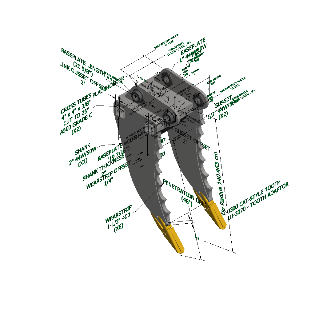 An image of a Double Shank Root Ripper for Hyundai R160LC-9
